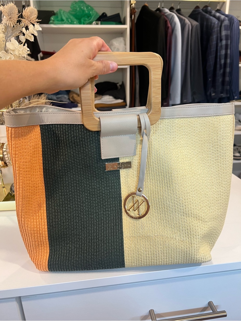 Tri-Panel Tote with Bamboo Handles - Green, Cream & Orange